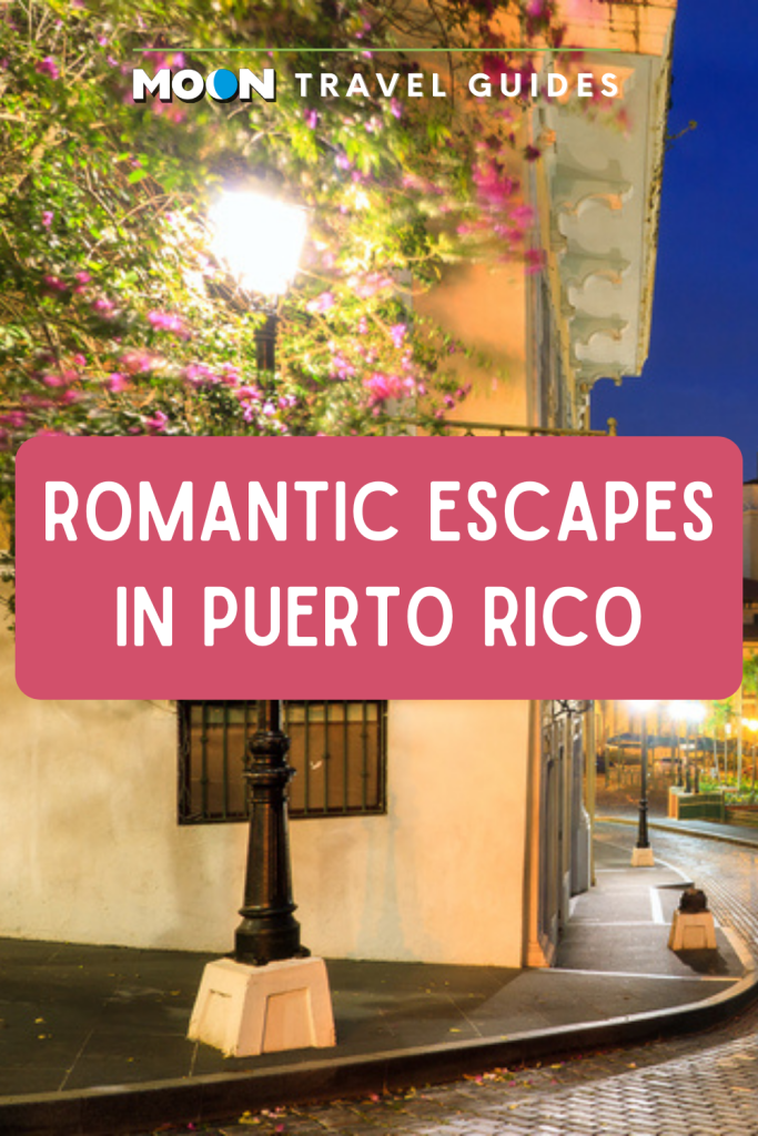 Image of cobblestone street with text reading Romantic Escapes in Puerto Rico