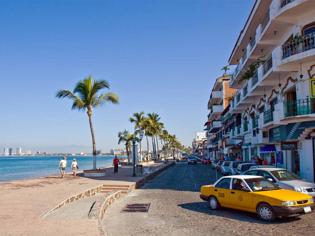 Palm trees line the main road along the coast in Puerto Vallarta.