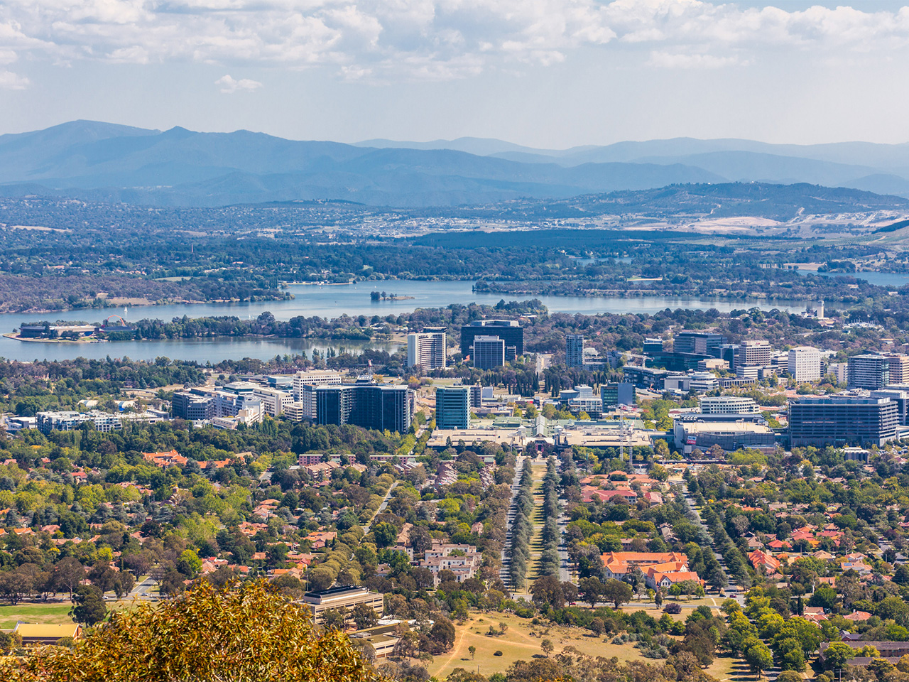 Aerial view of Canberra, Australia on a sunny day.