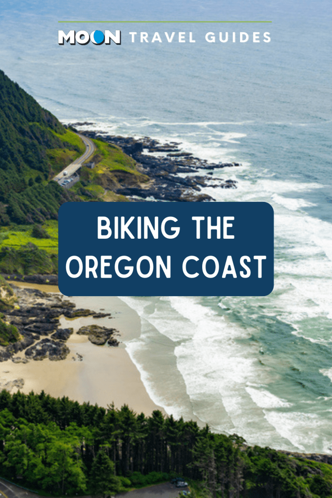 Image of coastal cove and highway with text Biking the Oregon Coast.
