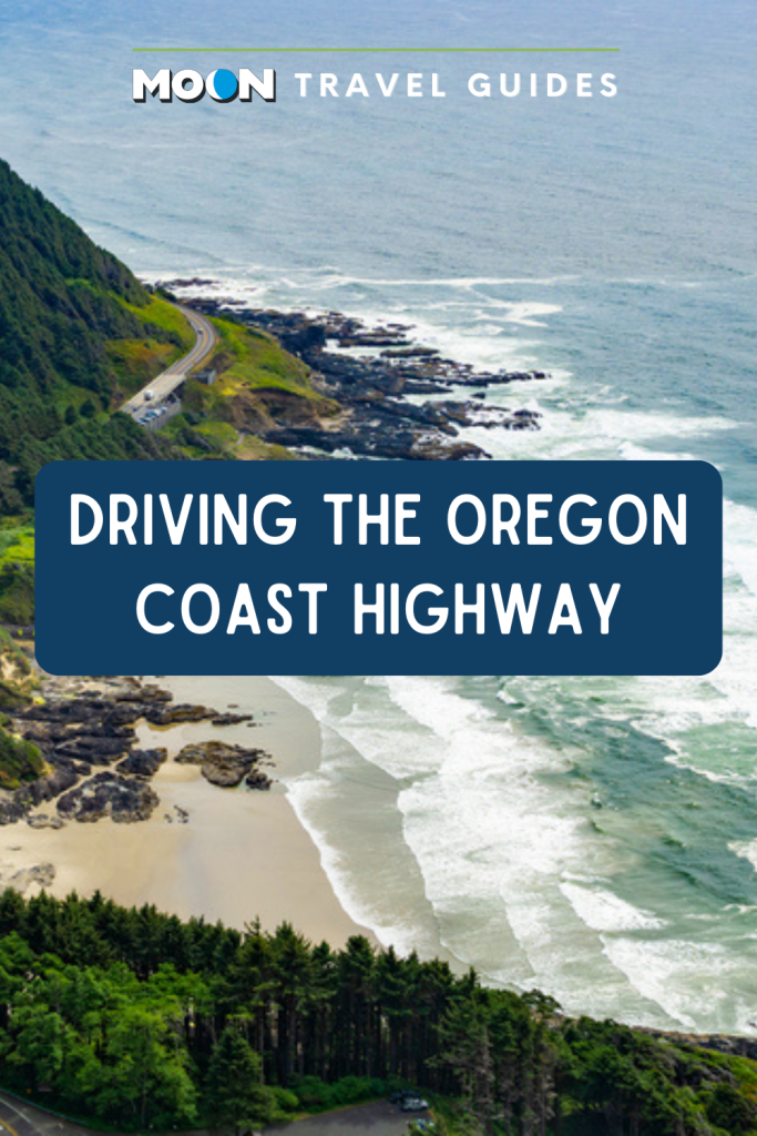Image of oceanside highway with text Driving the Oregon Coast Highway