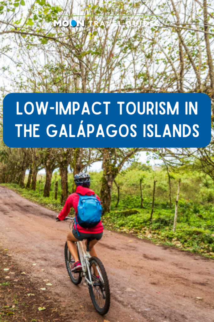A woman biking with text reading Low-Impact Tourism in the Galápagos Islands