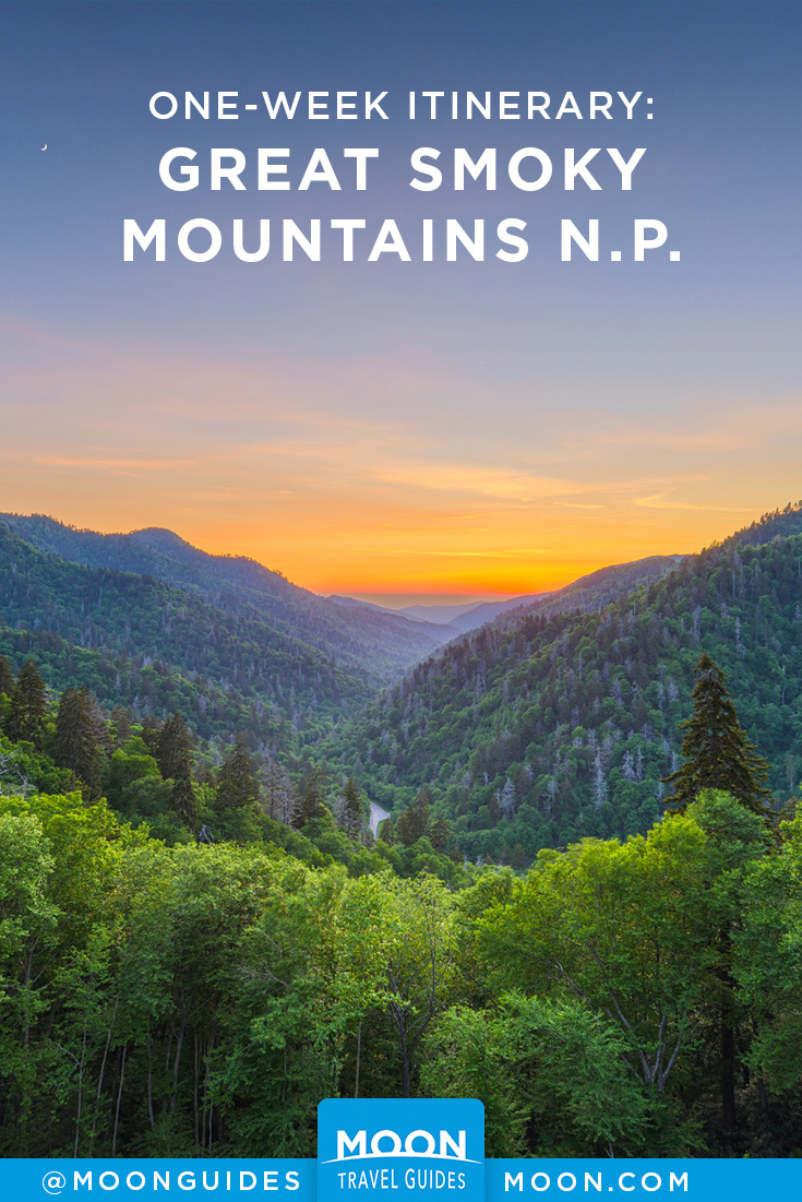 sunset over great smokies with overlaid text reading one week itinerary great smoky mountains