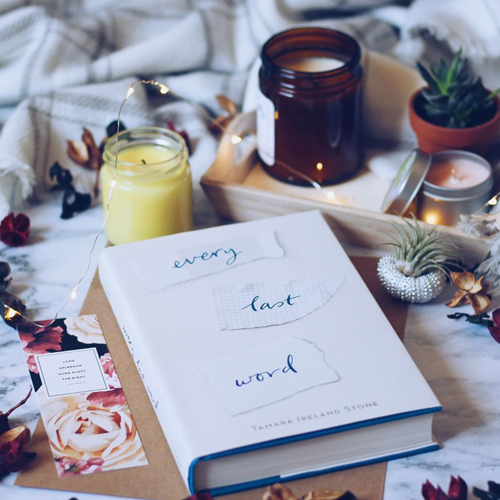 NOVL - Instagram image of book cover for 'Every Last Word' by Tamara Ireland Stone surrounded by candles, fairy lights and small plants