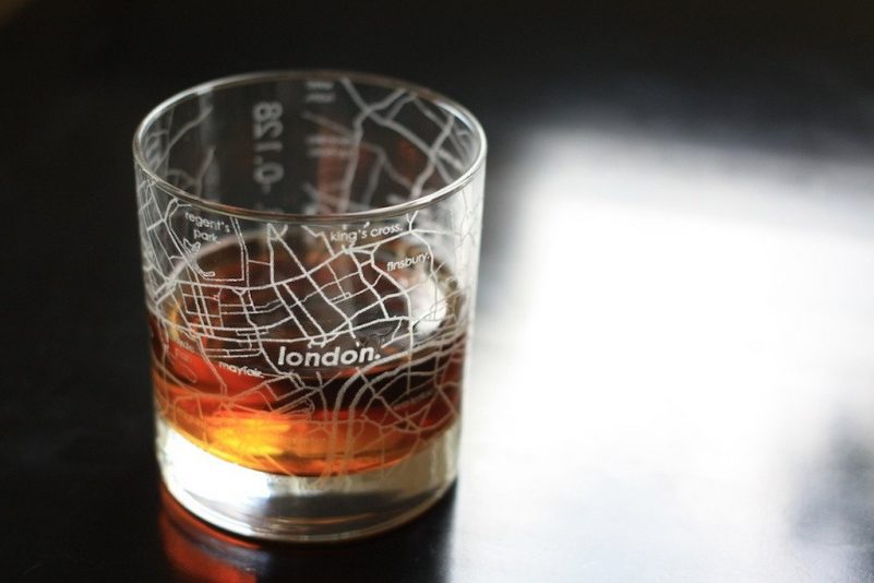 rocks glasses with etched london map