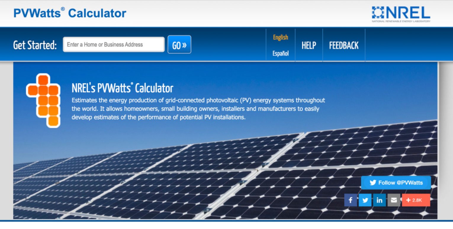 A screen shot of the NREL's PVWatts® Calculator homepage.