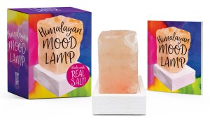 Product image of the "Himalayan Mood Lamp" box, salt lamp, and included mini book