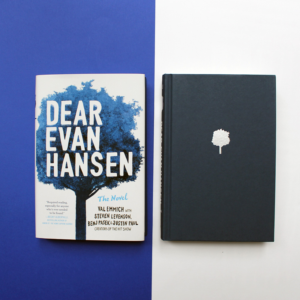 NOVL - Instagram image of book cover for 'Dear Evan Hansen' by Val Emmich and to the right, the hardcover format of the book with no dust cover on