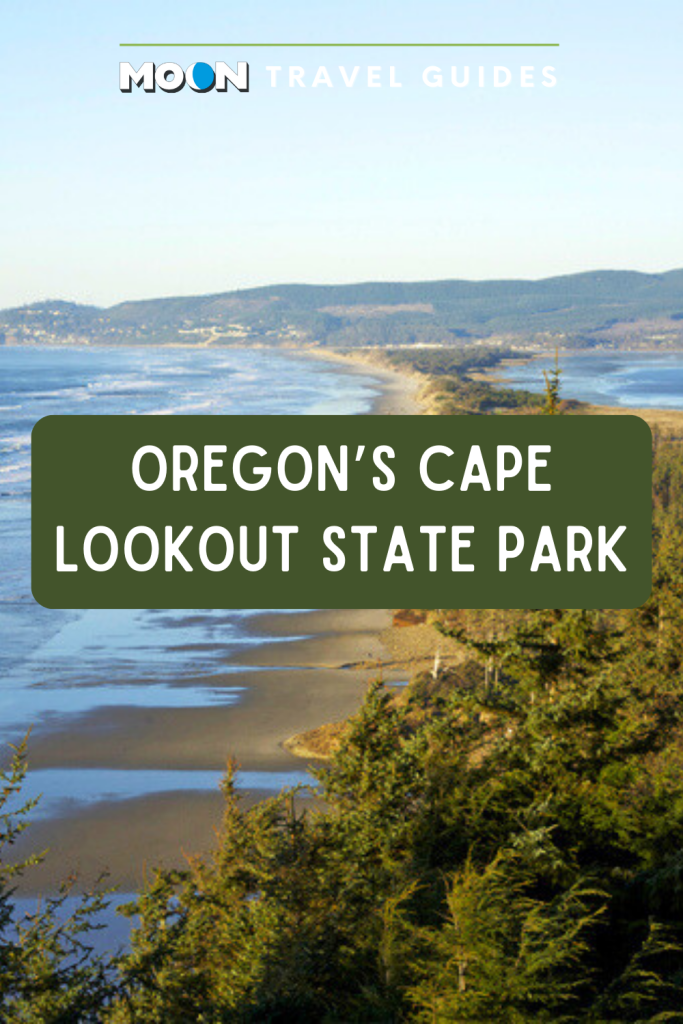 Image of forested beach with text Oregon's Cape Lookout State Park