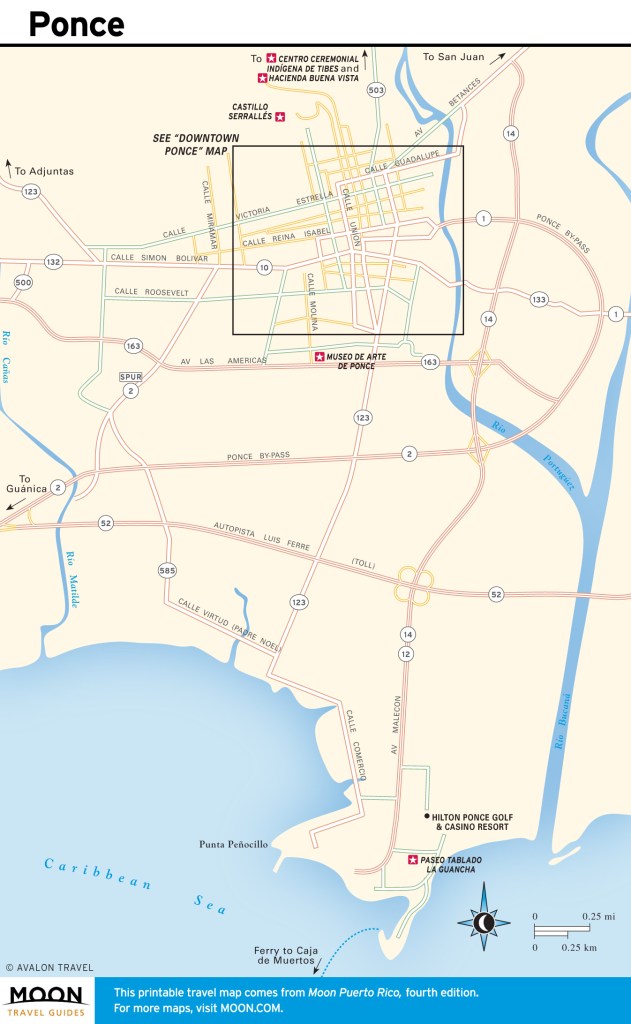 Travel map of Ponce, Puerto Rico.