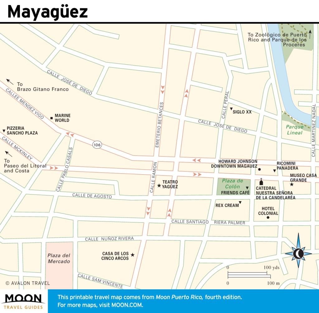Travel map of Mayaguez, Puerto Rico.