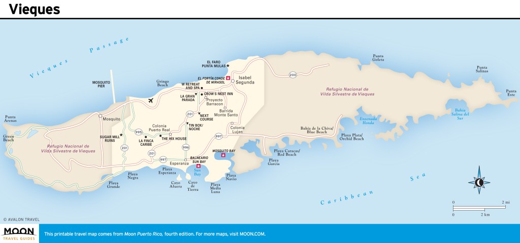 Travel map of Vieques, Puerto Rico.