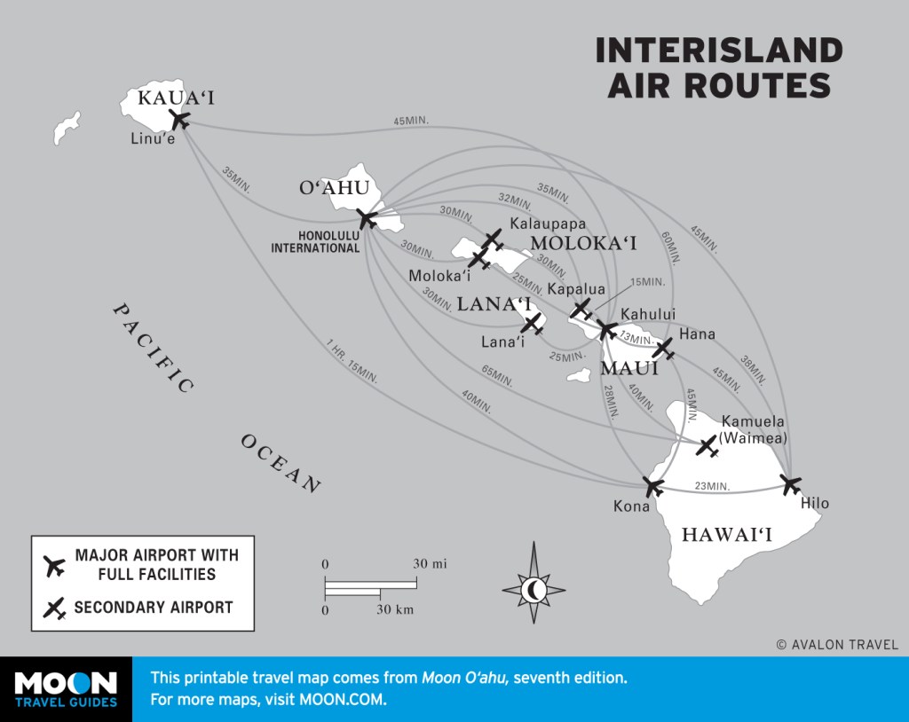 Map showing interisland air routes across the Hawaiian islands.