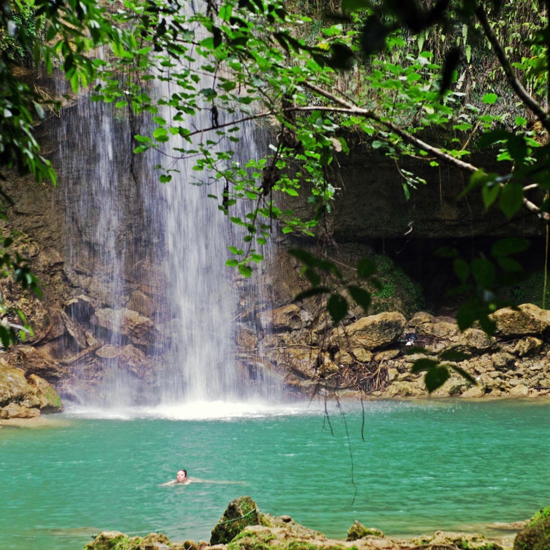 person swimming in green water under a waterfall