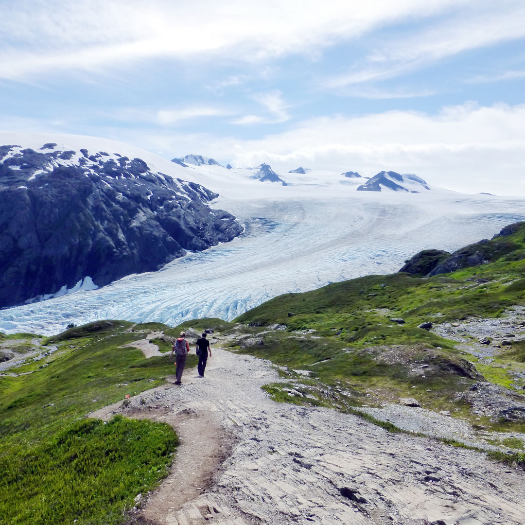 hikers on a trail leading to a glacier