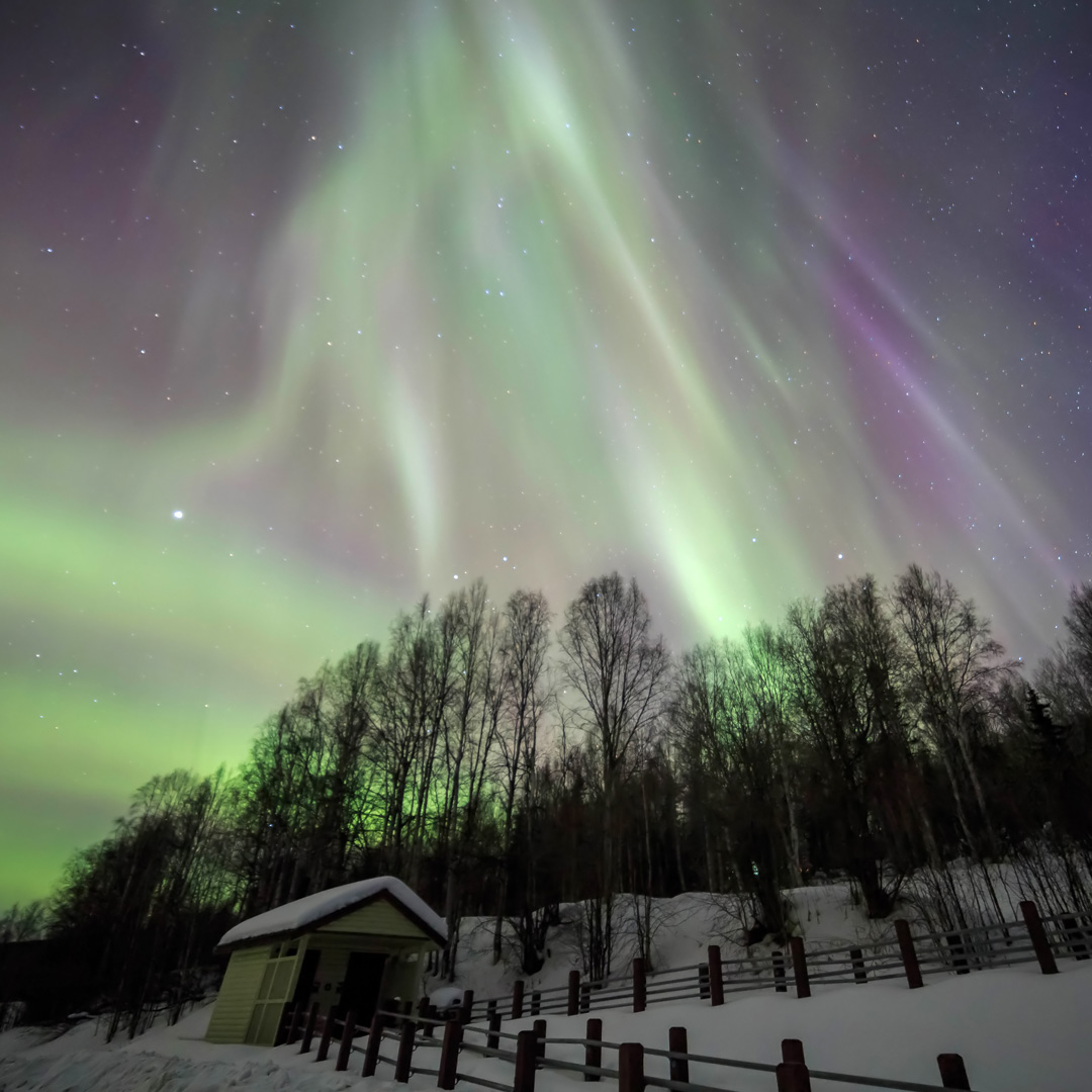 green and purple aurora borealis over a cabin
