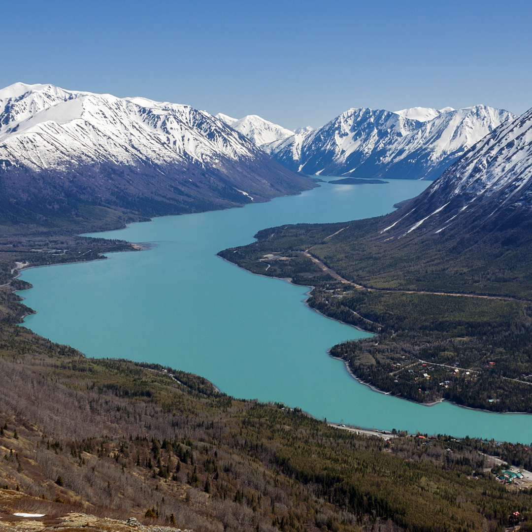 kenai river snaking through the mountains in alaska