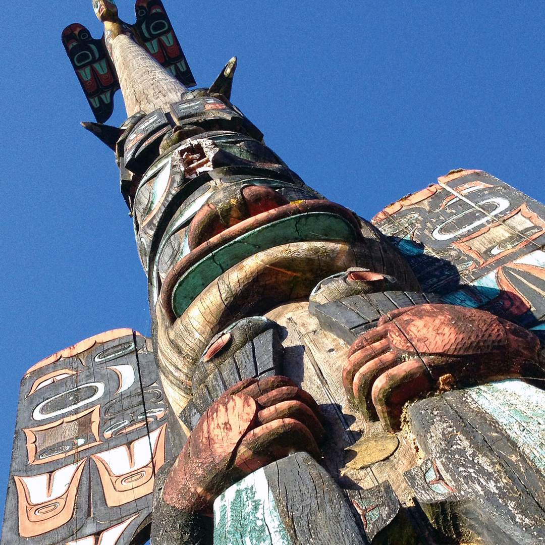 view from below of a totem pole