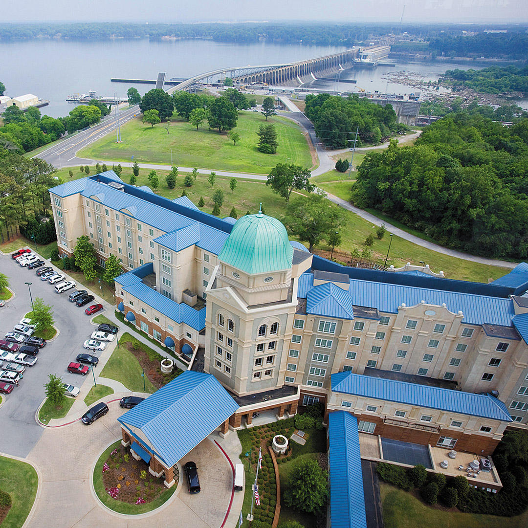 aerial view of the Marriott Shoals Hotel building