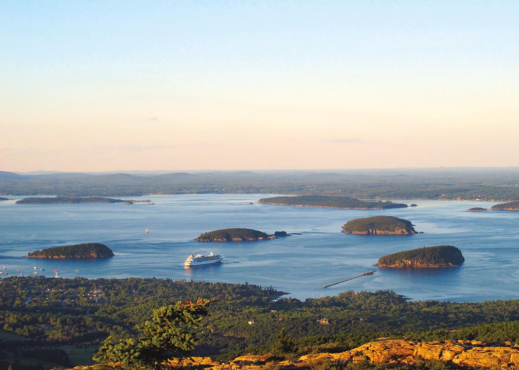 View of Bar Harbor and the Porcupine Islands from the summit of Cadillac Mountain