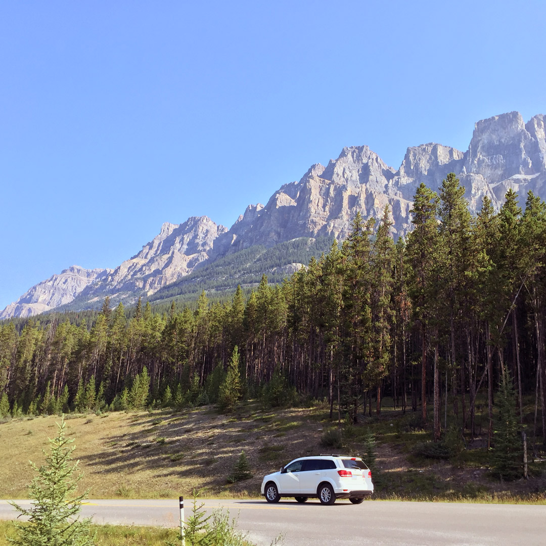 white car driving along the Bow Valley Parkway