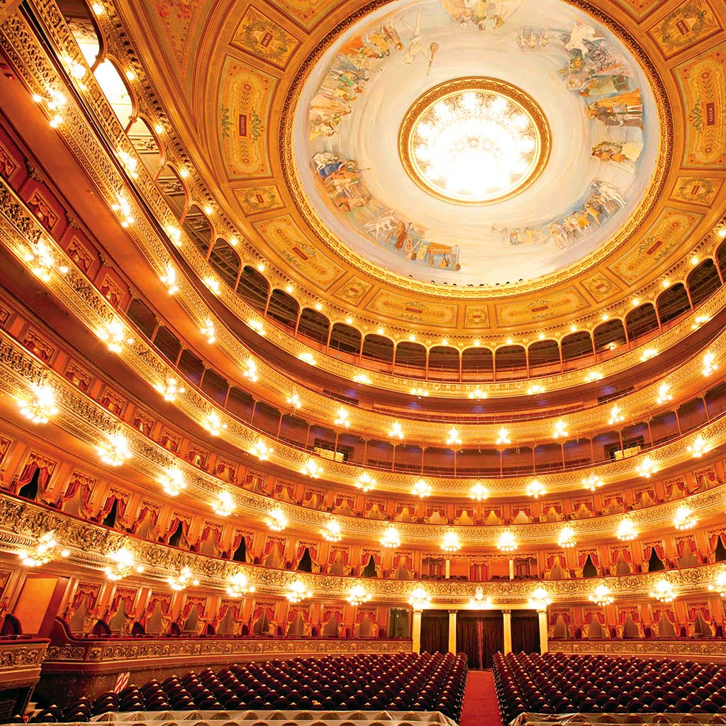 Gilded box seats and a beautiful painted ceiling inside the Teatro Colon.