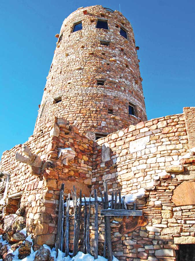Grand Canyon’s Desert View Watchtower on a snowy winter day.