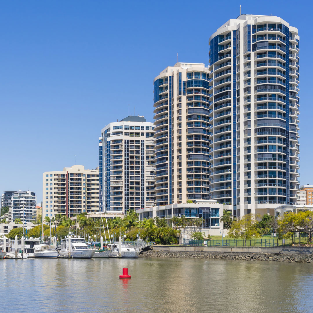 modern apartment buildings along the river in Brisbane
