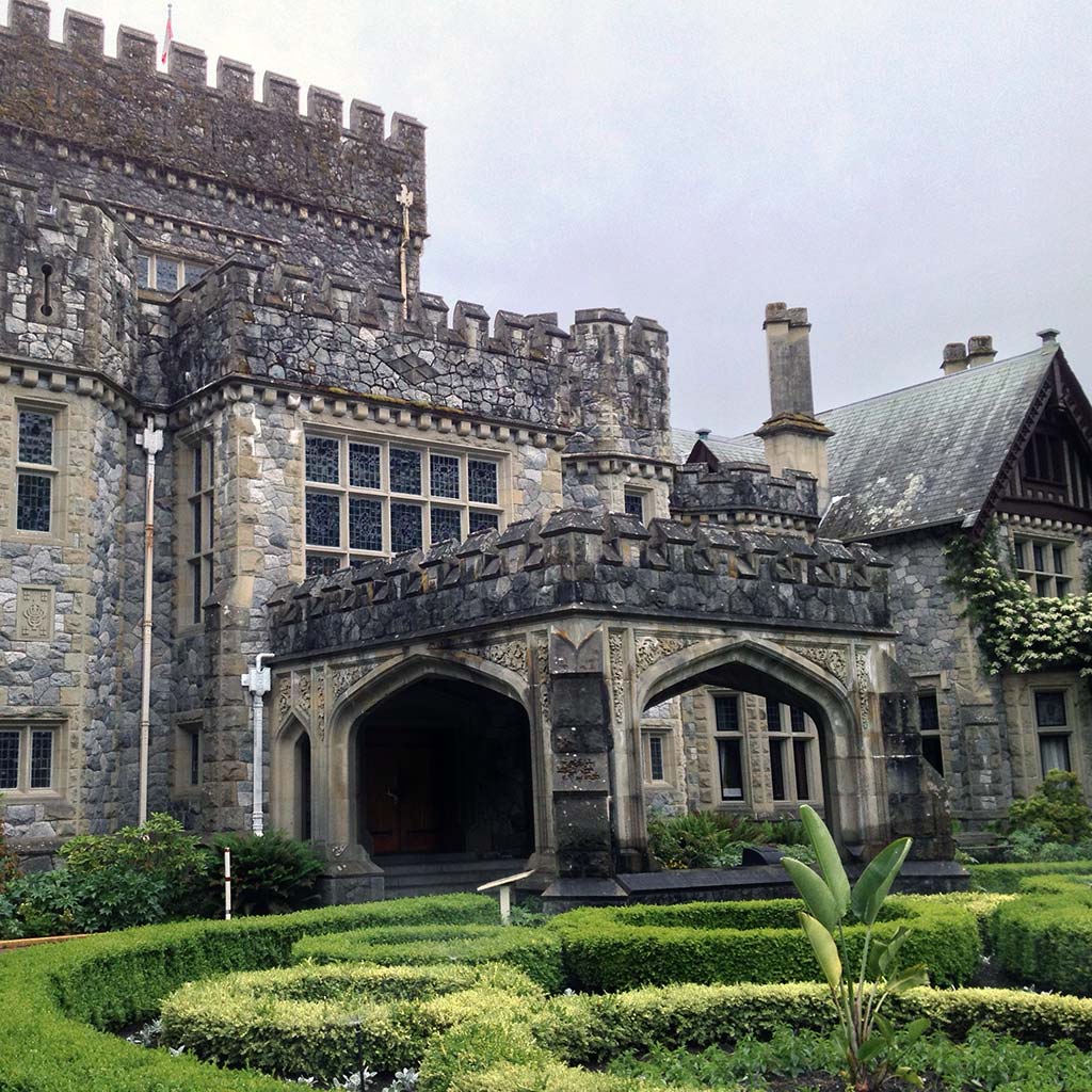 The front of stately Hatley Castle in Victoria, BC.