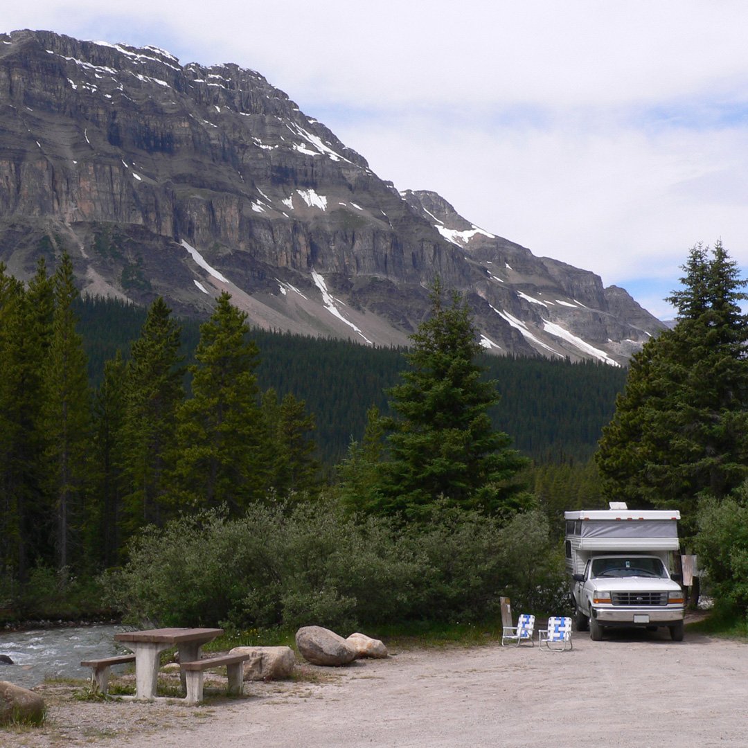 rv at campsite in Banff National Park