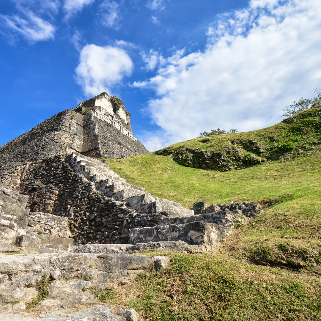 view looking up at xunantunich ruins in Belize