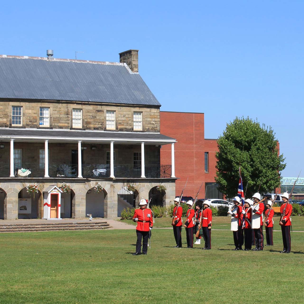 Reenactment of a changing of the guard ceremony at Fredericton's Officers Square.