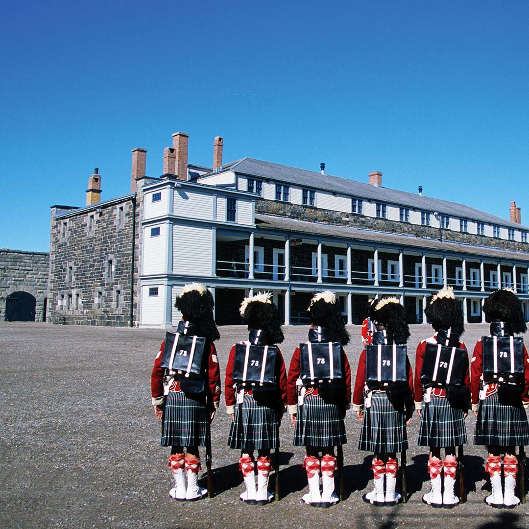 A line of soldiers in kilts at Halifax's Citadel National Historic Site.
