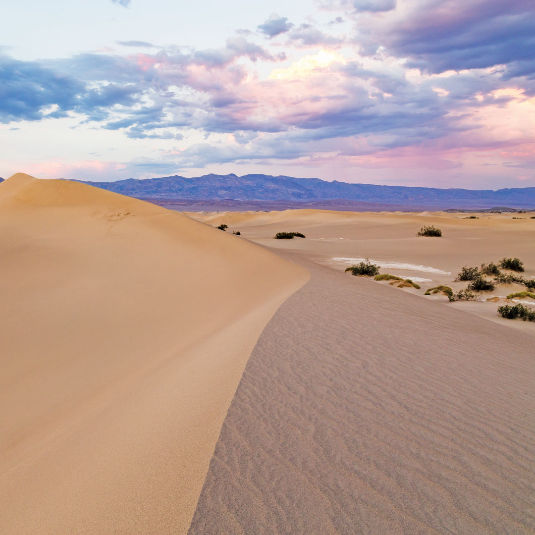 sky turning purple and pink at sunset over sand dunes in Death Valley