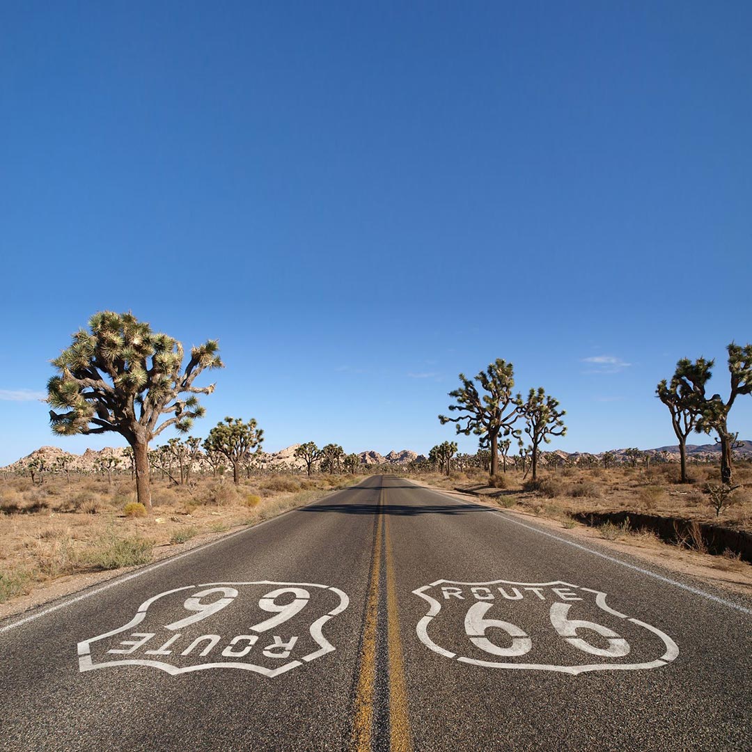 Route 66 through the Mojave Desert.