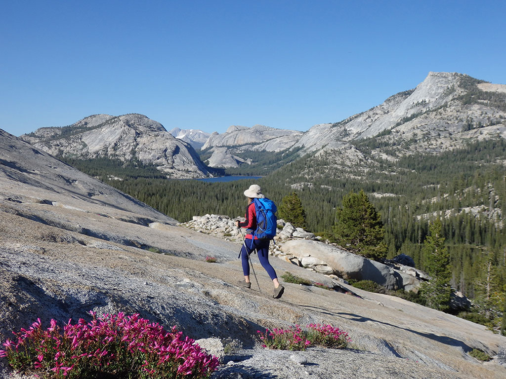 woman hiking Tioga Pass in Yosemite