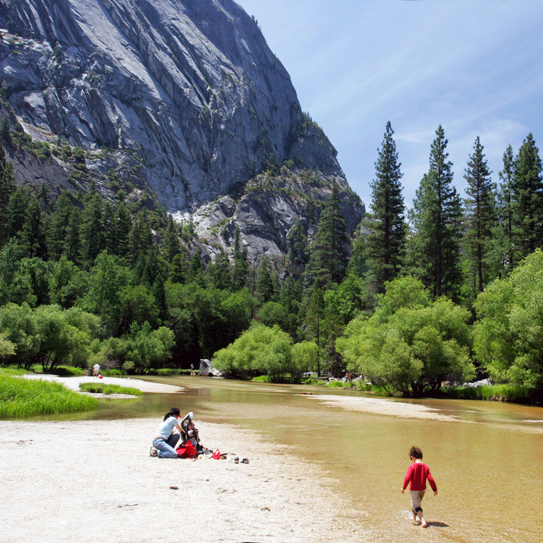 a family wading in the Merced River in Yosemite