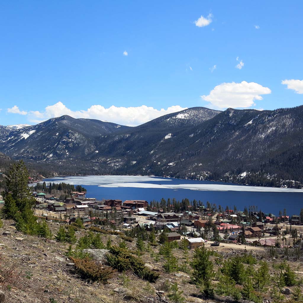 View from a hilltop of the lakeside town of Grand Lake, Colorado.