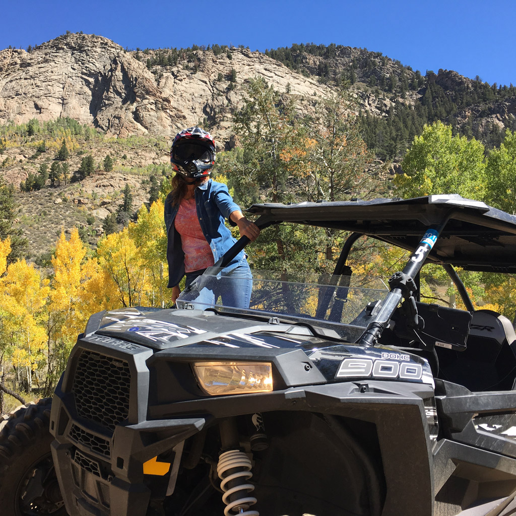 a woman stands on a 4x4 with mountains and aspens behind her