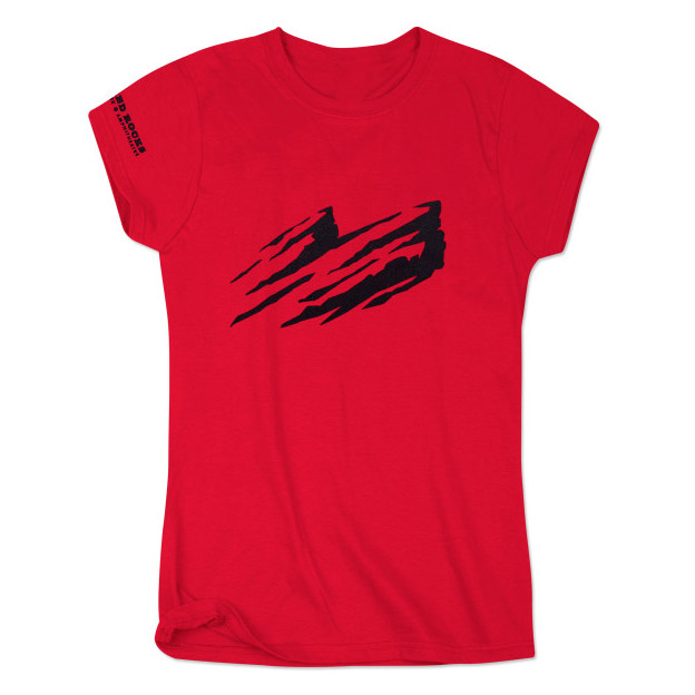 red t-shirt with black silhouette of rocks in Denver