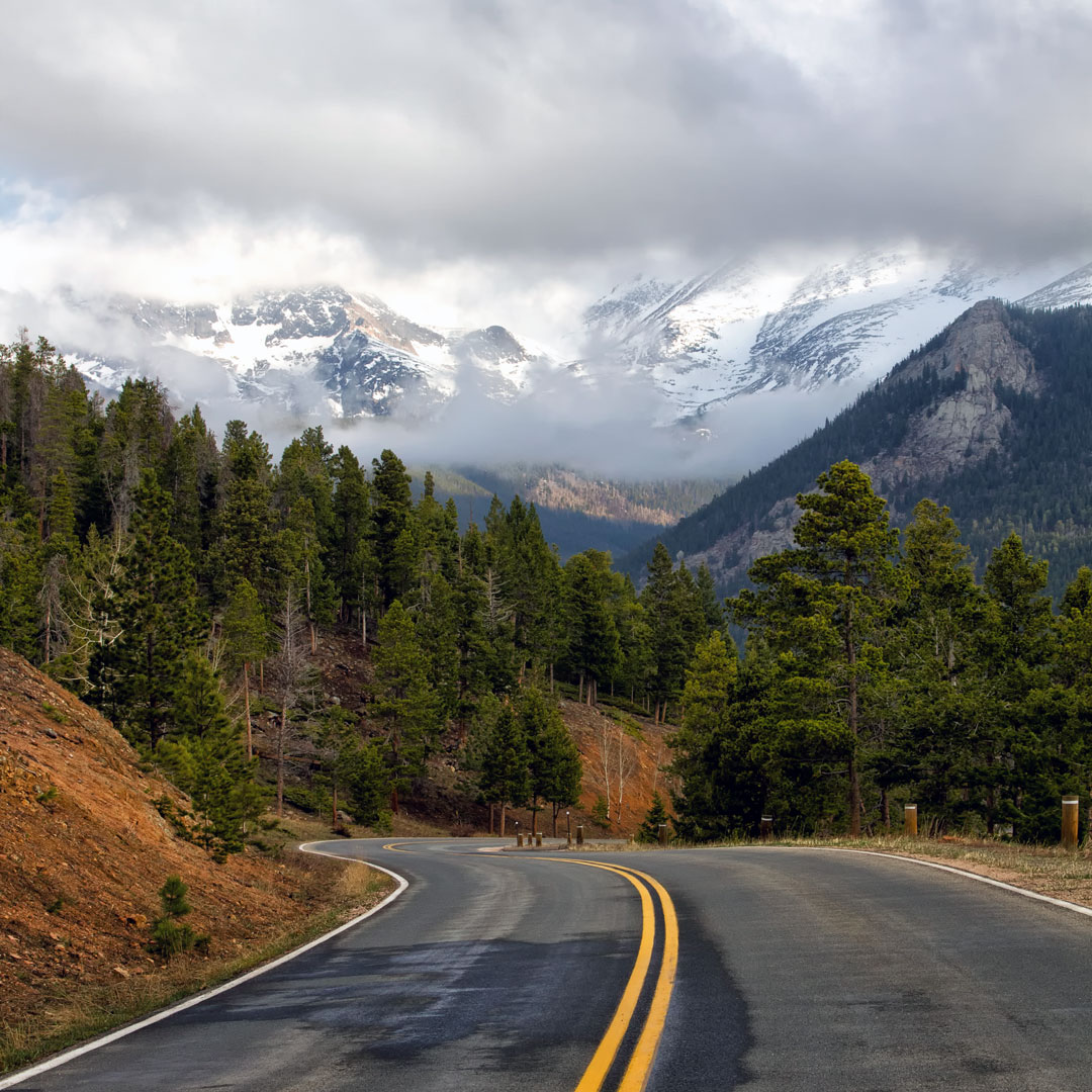 Trail Ridge Road winding through pine trees and mountains