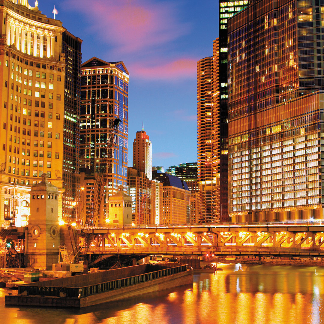 twinkling chicago city lights over the river
