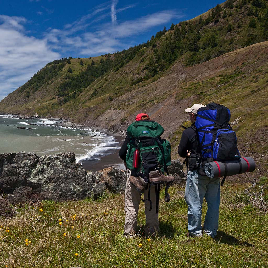 Two campers with backpacking backpacks take in the costal view at Mattole Camp.