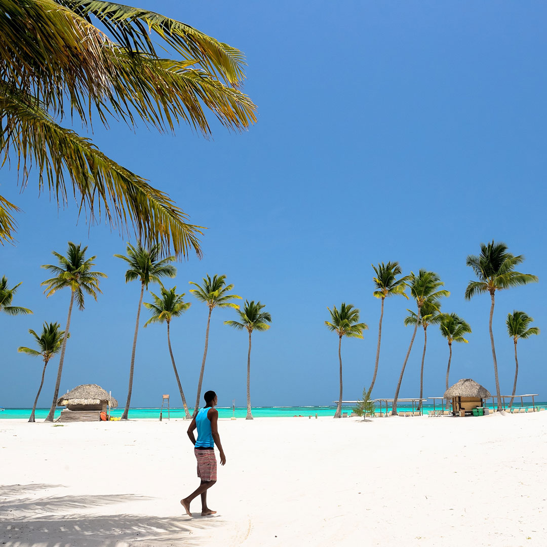White sand beach at Playa Juanillo dotted with towering, leaning coconut trees