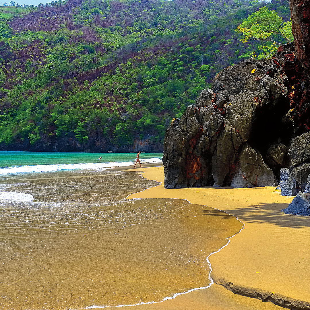Golden sand beach at Playa El Valle sitting at the foot of the towering, lush hills of El Valle
