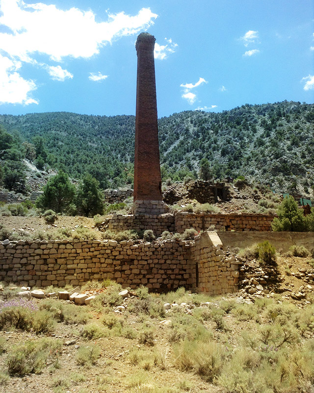 Panamint City’s iconic brick smokestack.