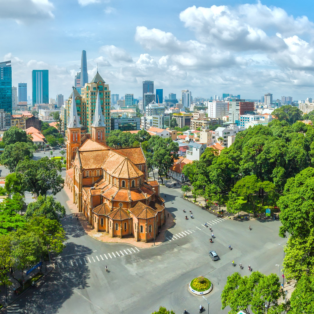 aerial view of the plaza around notre dame cathedral in ho chi minh city vietnam