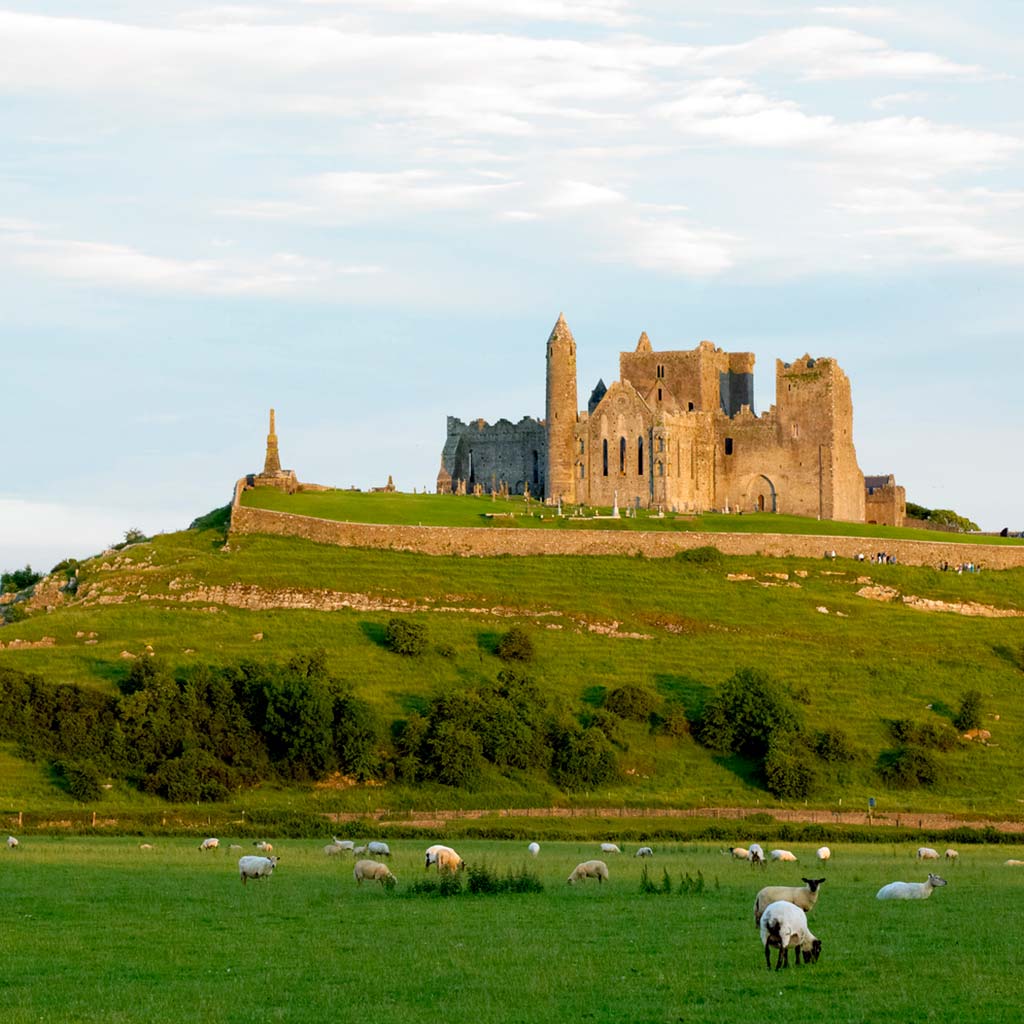 Rock of Cashel perched on a low hill in the Irish countryside.