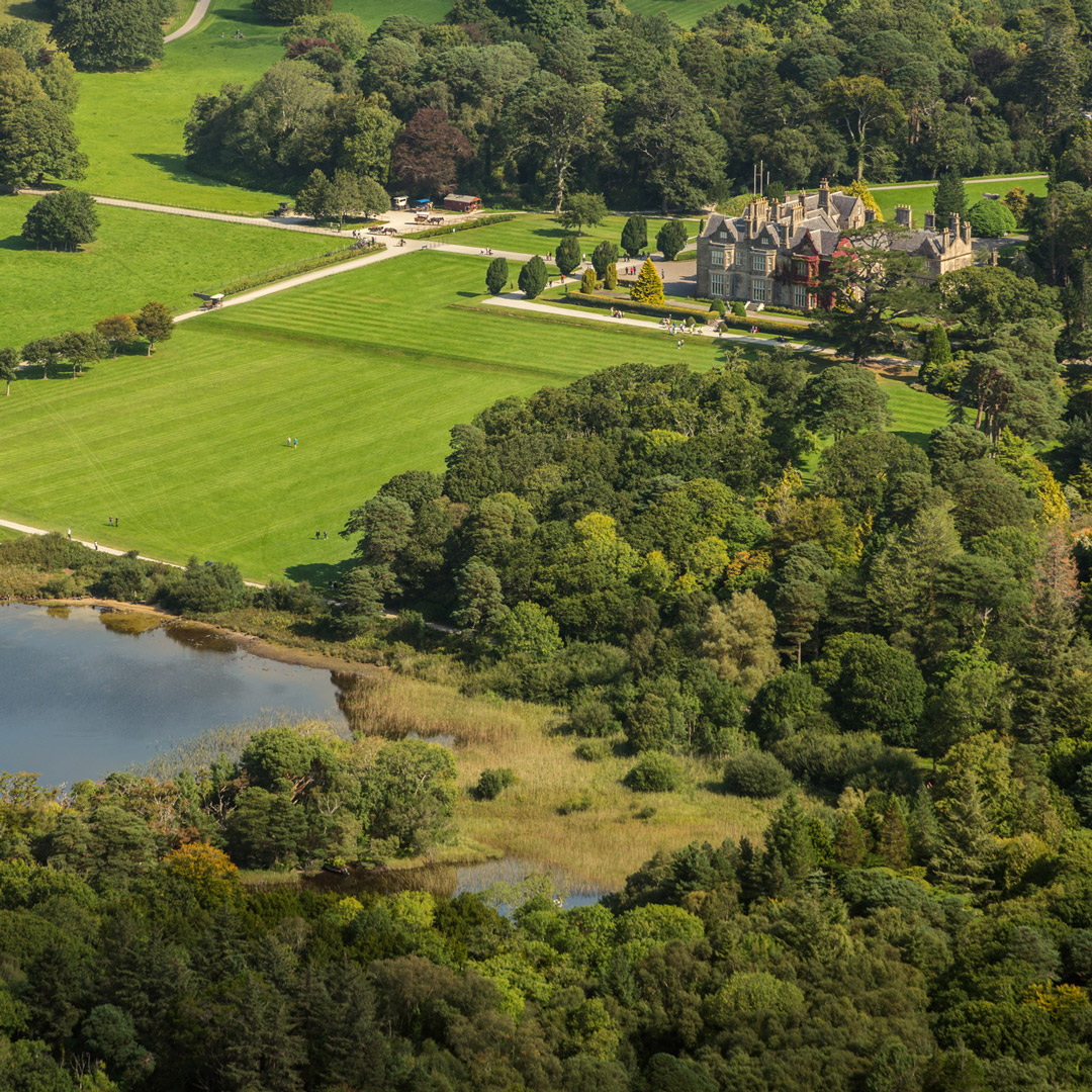 aerial view of countryside surrounding Muckross House in Killarney National Park
