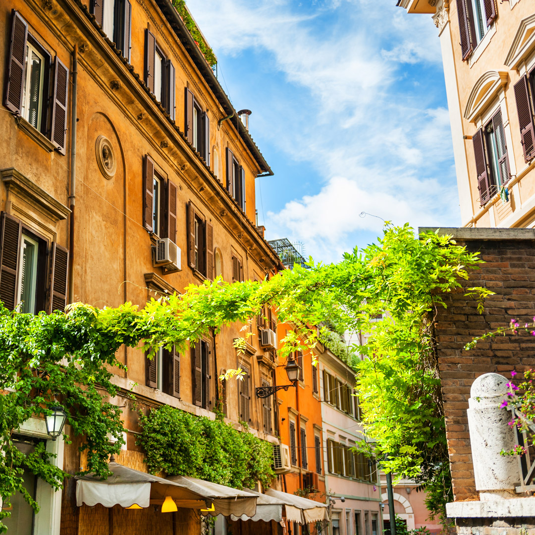 ivy frames a walkway in the Trastavere neighborhood in Rome